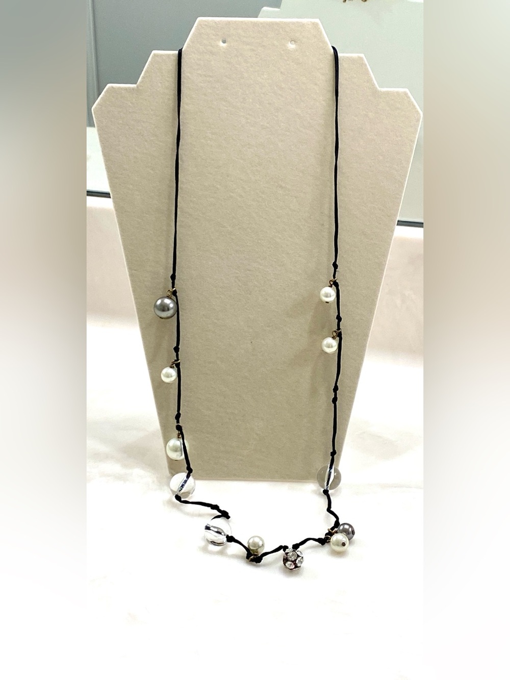 J. Crew Black Cord Necklace with White and Gray Beads